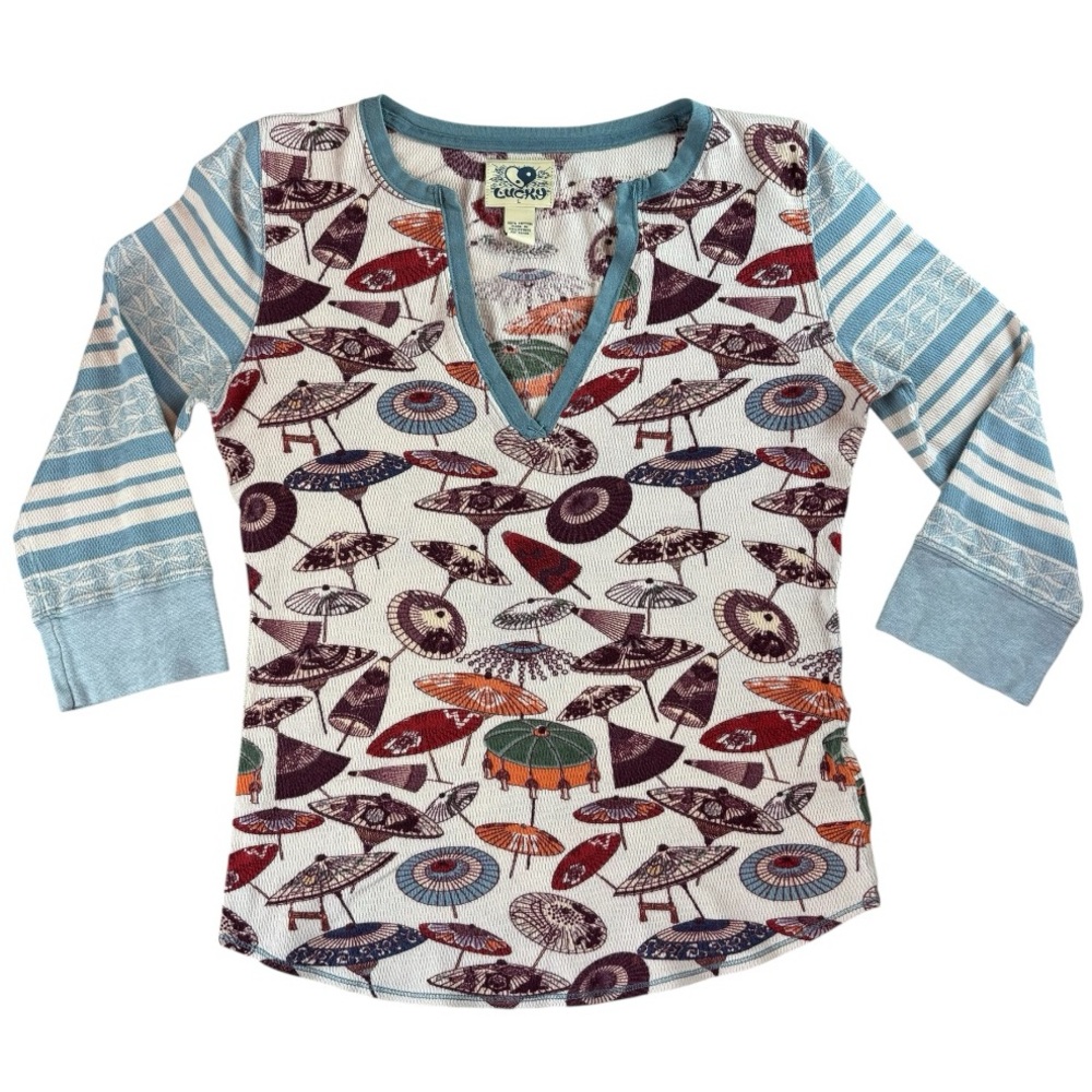 Lucky Brand Red and White Graphic 3/4 Sleeve Blouse